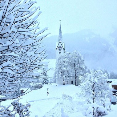 A snowy landscape with a church in the background. Trees and bushes are completely covered in snow.