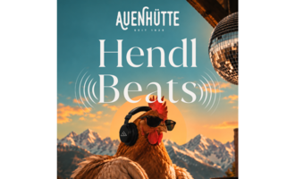 A chicken stands as a DJ with headphones and sunglasses in front of a mixing console. In the background, majestic mountains and a clear sky can be seen.