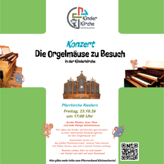 A colorful poster for a concert titled "The Organ Mice Visit". It features images of organs and contains information about the date and time of the event.