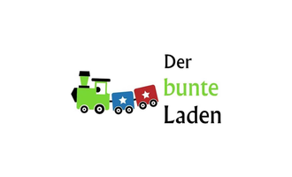 A colorful train with a green locomotive and three cars in different colors. The text "Der bunte Laden" is displayed in clear letters. | © bunte laden logo
