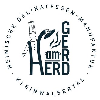 A stylized logo featuring a chef and the text "GEr am HERD". It represents a delicatessen manufacturing company in Kleinwalsertal.