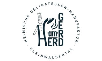 A stylized logo featuring a chef and the text "GEr am HERD". It represents a delicatessen manufacturing company in Kleinwalsertal.