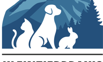 A logo of a small animal practice. It shows a dog, a cat, and a rabbit in front of a mountain landscape.
