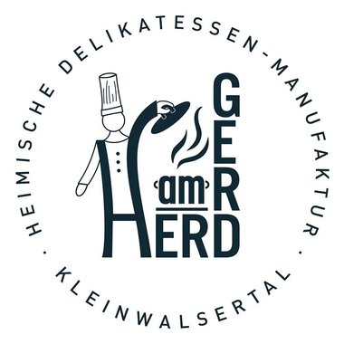 Ein Logo mit dem Namen "Gerd am Herd" und einer stilisierten Figur eines Kochs. Das Design vermittelt einen handwerklichen und heimischen Charakter.