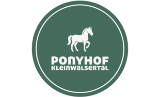 A round logo with a white horse in the center. The inscription "Ponyhof Kleinwalsertal" is clearly readable.