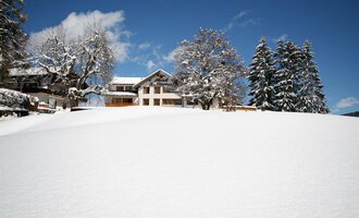 Ein verschneites Landschaft mit einem charmanten Haus und großen Bäumen. Der strahlend blaue Himmel sorgt für eine friedliche Atmosphäre. | © Hotel Bellevue | Werbewind GmbH