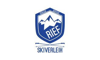 Logo for a ski rental named "RIEF". It features mountains and a sporty, modern style in blue and white. | © Rief Verleih Riezlern Johannes Rief Logo