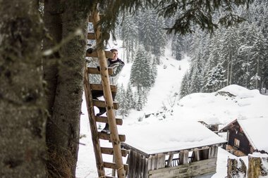 Woman feeding wildlife in a snowy winter landscape, sitting on a wooden ladder structure next to a tree. | © Kleinwalsertal Tourismus eGen • Photographer: Andre Tappe