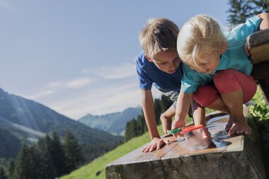 Two children playing outdoors on a wooden block in the mountains under sunny weather, with green meadows and trees in the background. | © Kleinwalsertal Tourismus eGen • Photographer: Oliver Farys
