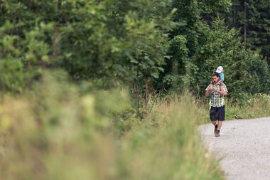 Family hiking on a forest trail in the Wildental, surrounded by lush greenery and trees. | © Kleinwalsertal Tourismus eGen • Photographer: Oliver Farys
