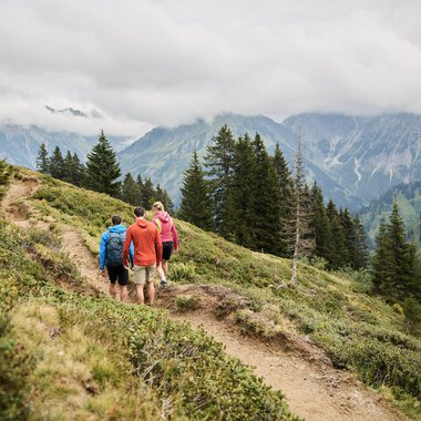 Group of hikers walking on a trail in the mountains, surrounded by pine trees and cloudy sky, in Kleinwalsertal. | © Kleinwalsertal Tourismus eGen • Photographer: Oliver Farys