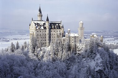 Neuschwanstein Castle in winter, covered in snow, on a hill with trees in the foreground | © Kleinwalsertal Tourismus eGen • Schloss Neuschwanstein • Photographer: Anton Brandl