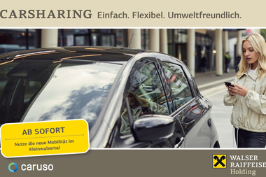 Carsharing vehicle in the city, a woman using her smartphone, with buildings and streets in the background. | © Kleinwalsertal Tourismus eGen • Caruso