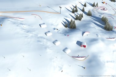Winterskimangebot auf der Crystal-Slope in Oberstdorf mit Skifahrern, Bäumen und Sprungschanzen im Schnee. | © Kleinwalsertal Tourismus eGen • Oberstdorf Kleinwalsertal Bergbahnen
