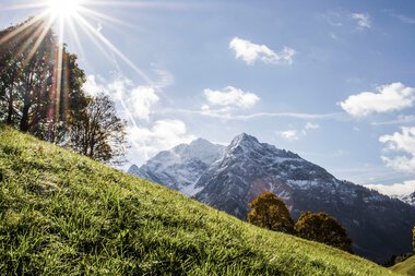 Landschaftsaufnahme mit grüner Wiese im Vordergrund, bergigem Hintergrund und Sonne, die im oberen linken Bildwinkel scheint. | © Kleinwalsertal Tourismus eGen