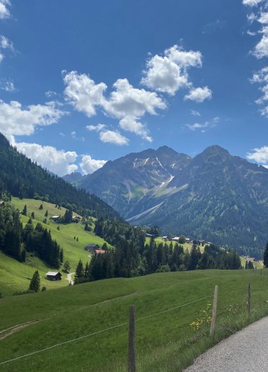 Landschaft mit grünen Hügeln, Bäumen und Bergen unter einem blauen Himmel mit Wolken. | © Kleinwalsertal Tourismus eGen