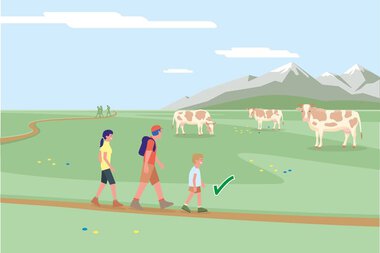Family with a child walking on a trail past grazing cows in the mountains under a blue sky. | © Bundesministerium für Nachhaltigkeit und Tourismus